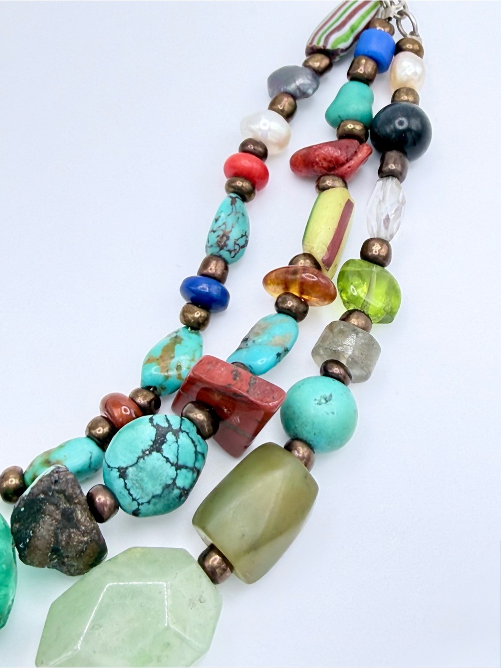 Vintage Peyote Bird Sterling 3-Strand Leather Multi-Stone Blown Glass Necklace - Picture 13 of 16